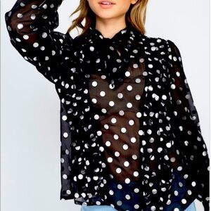 Women Printed Polka Dot Bow Tied Neck Lantern Sheer Long Sleeve Workwear Blouse